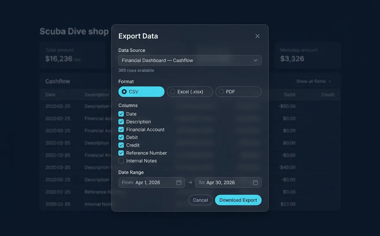 ScubaCloud dive center data export dialog with CSV, Excel, and PDF format selection, column picker, and date range filter