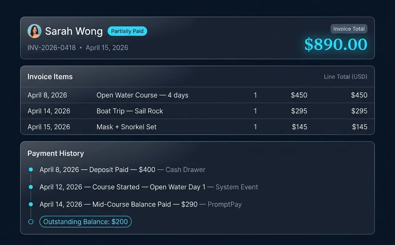 ScubaCloud dive center invoice with partial payments, line items, and a payment history timeline tracking deposit, mid-course payment, and outstanding balance