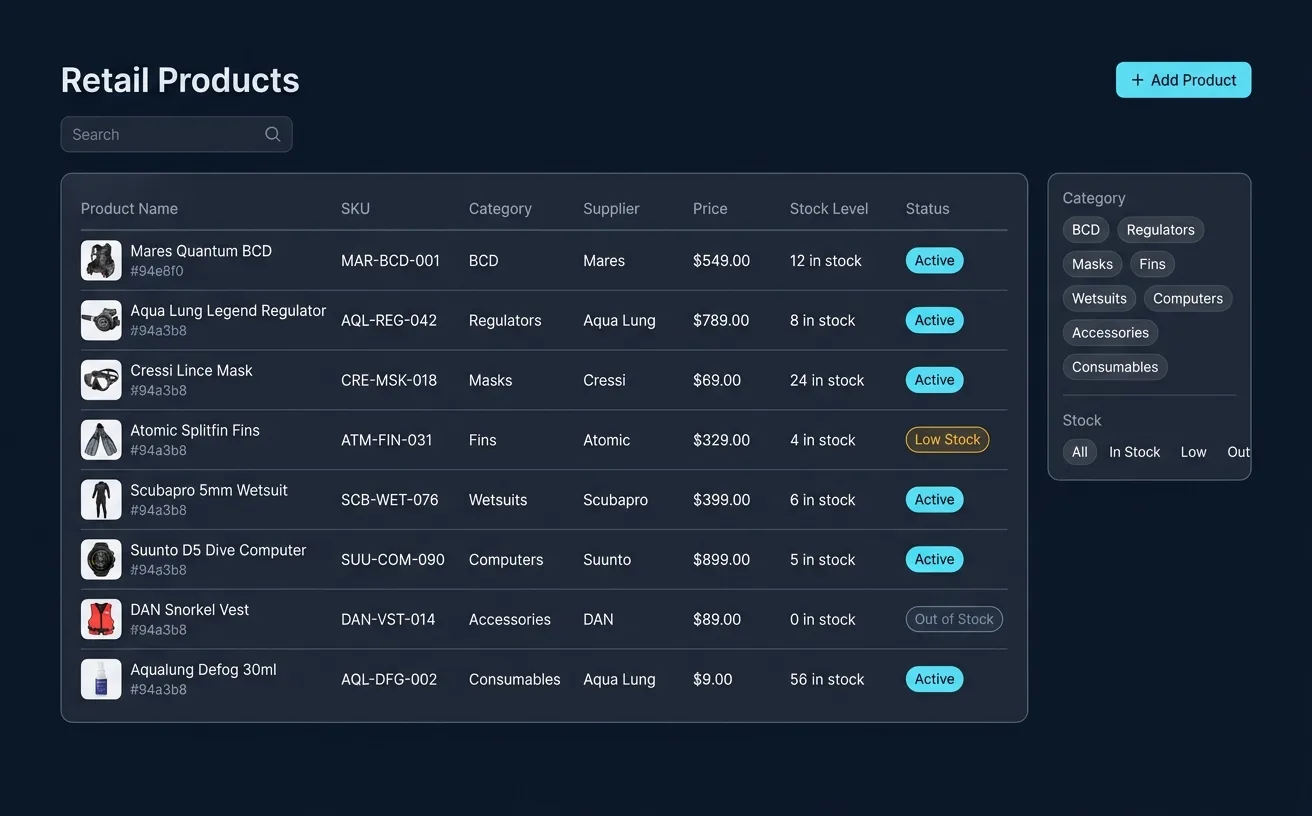 ScubaCloud dive shop retail product catalog with BCDs, regulators, wetsuits, masks, fins, and dive computers showing SKUs, prices, stock levels, and supplier information